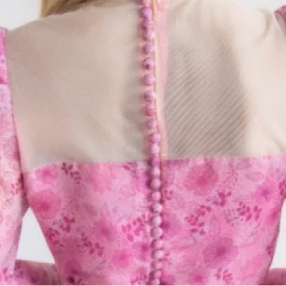 Dreamy Pink Floral Puff-Sleeve Midi Dress | Decorative Buttons | Size Small - Picture 16 of 16